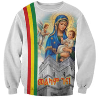 Unisex light-gray sweatshirt with Mary holding baby, church graphic, flag stripe