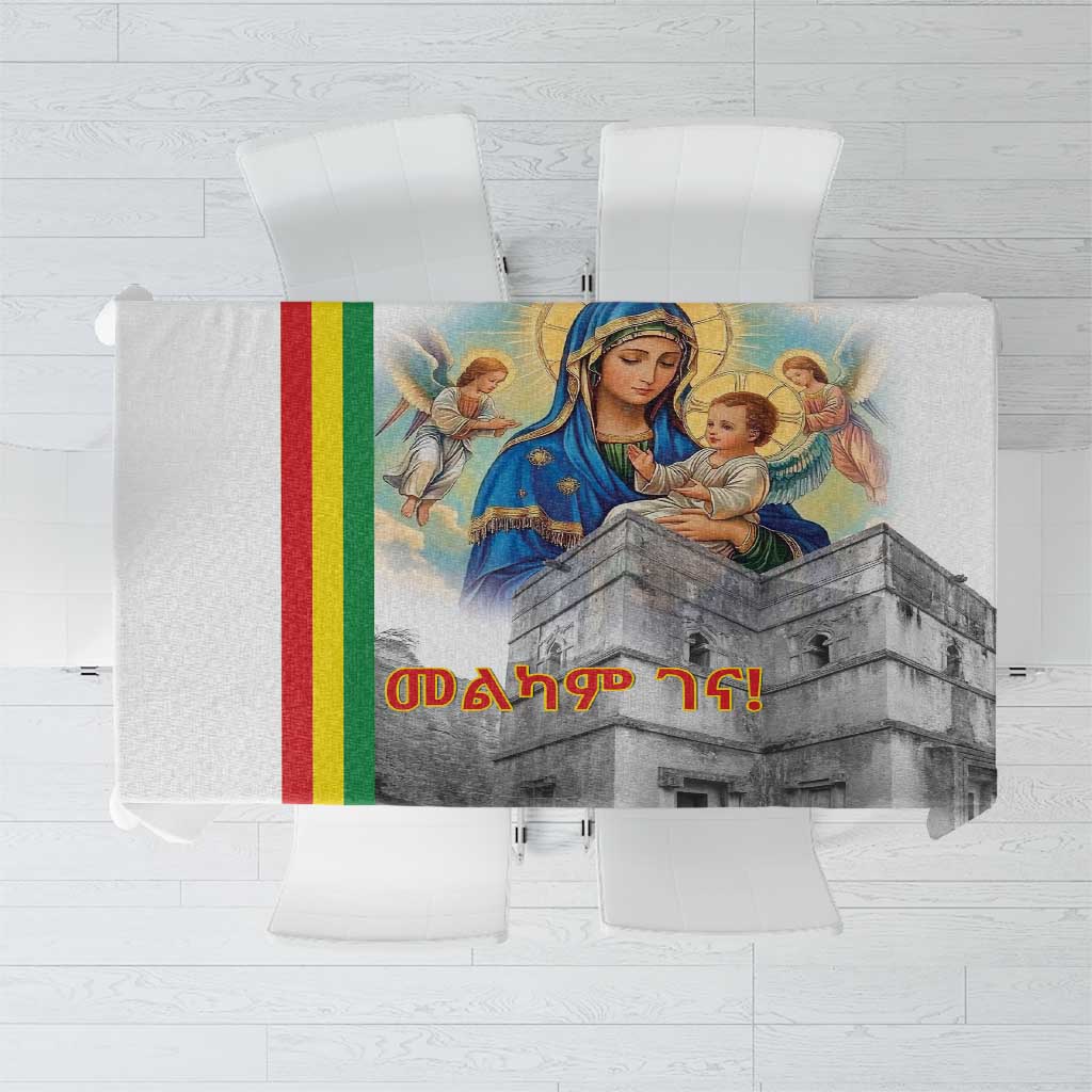 Square Christmas tablecloth with multicolor stripe border and Saint Mary church artwork
