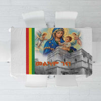 Square Christmas tablecloth with multicolor stripe border and Saint Mary church artwork