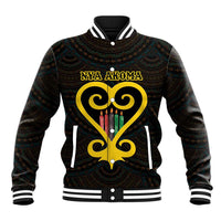 Black baseball jacket with patterned fabric, ribbed collar, and 'NYA AKOMA' heart graphic
