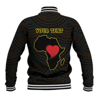 Black baseball jacket with patterned fabric, ribbed hem, and back graphic with red heart map