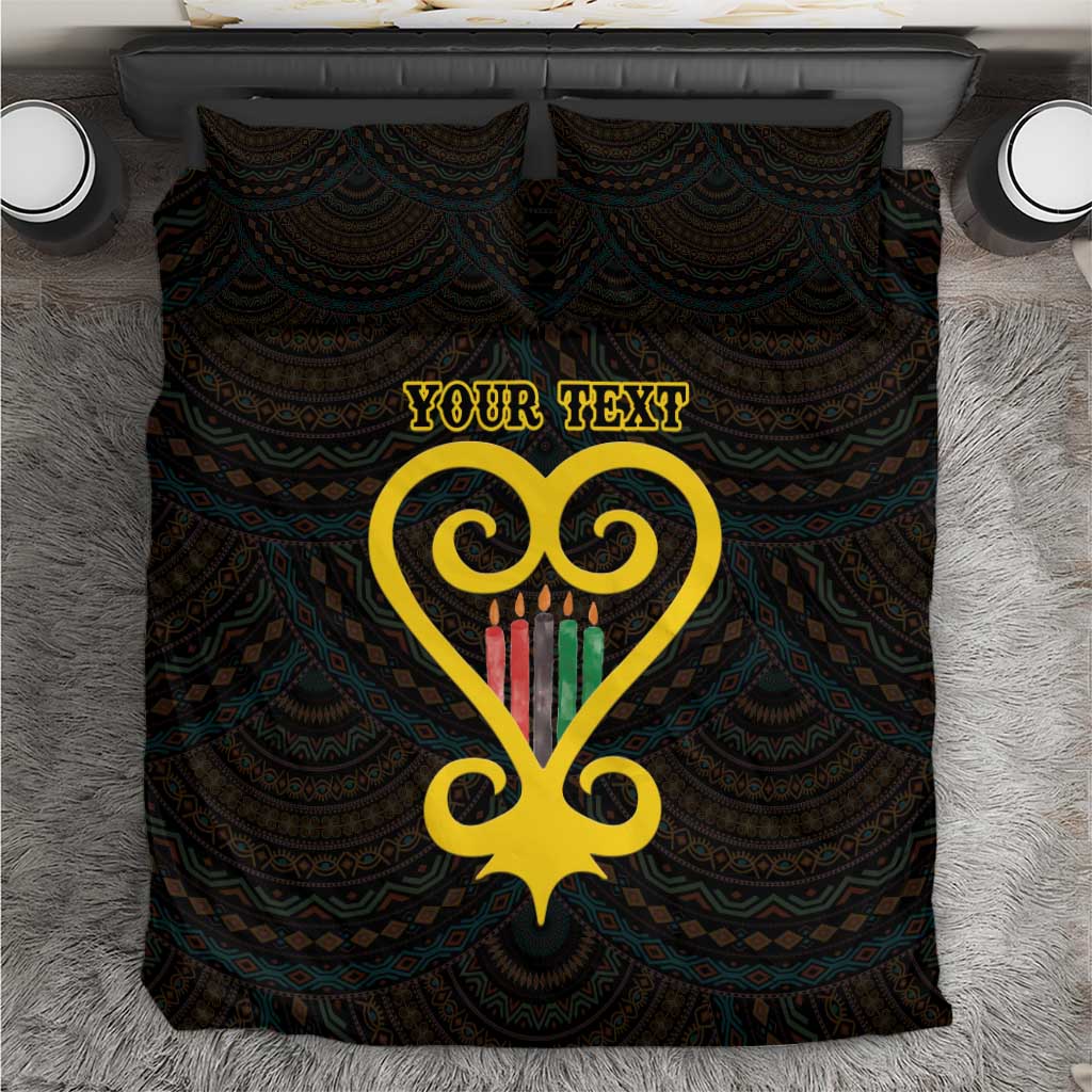 Black bedding set with teal patterned fabric and gold heart design with “YOUR TEXT”