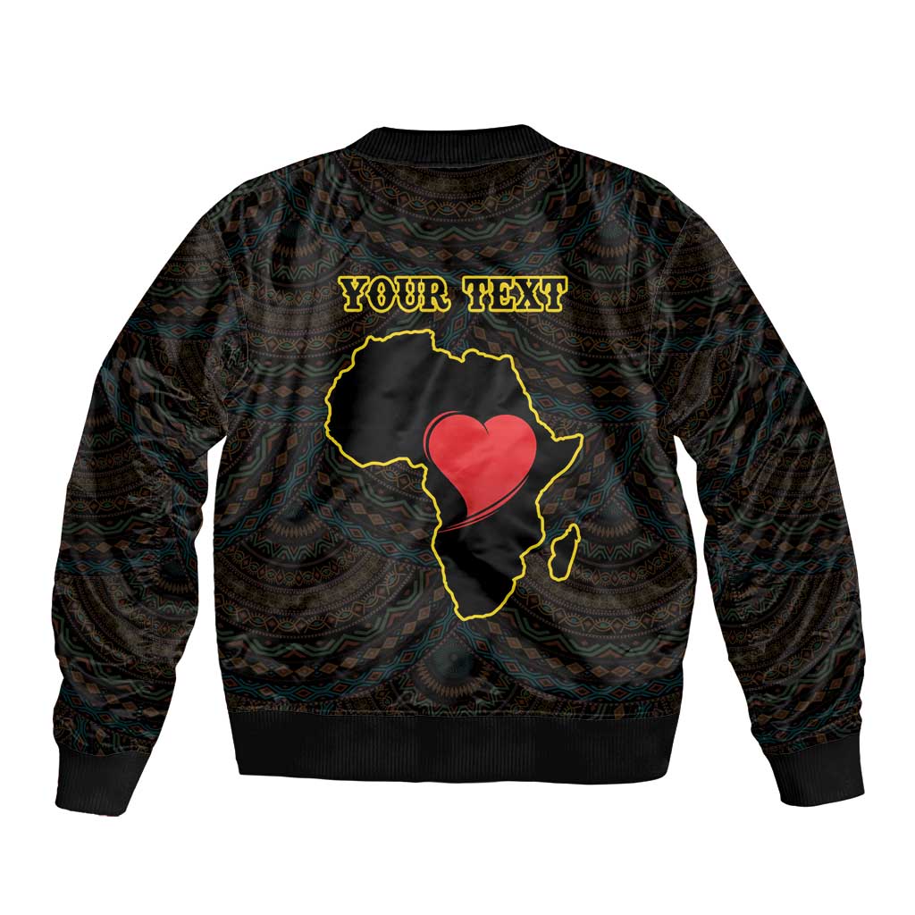 Black bomber jacket with YOUR TEXT, red heart on yellow map outline, ribbed hem