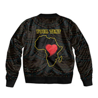 Black bomber jacket with YOUR TEXT, red heart on yellow map outline, ribbed hem