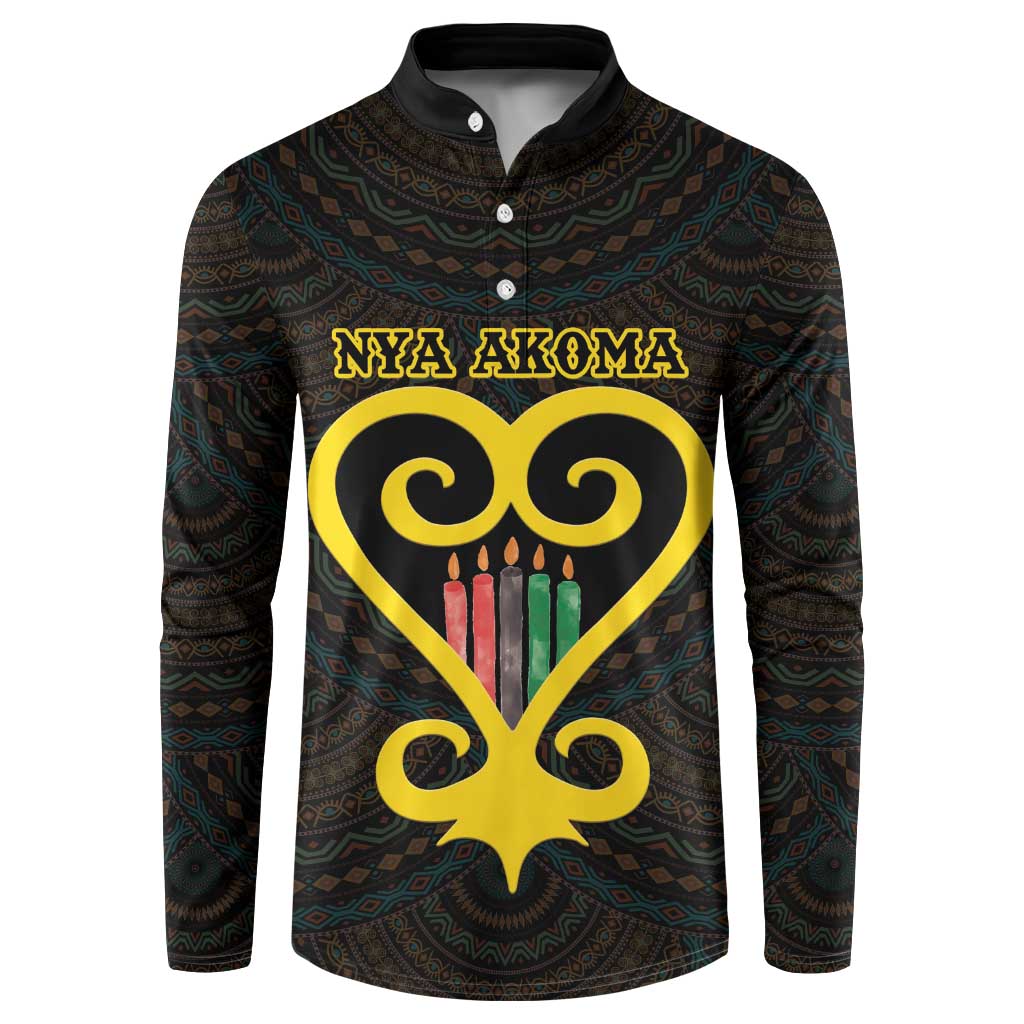 Dark hooded button sweatshirt with teal pattern, gold text, and candle-heart emblem
