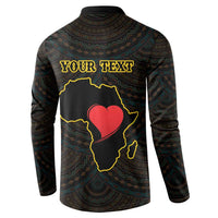 Dark hooded button sweatshirt with teal pattern and red heart map graphic, yellow outline