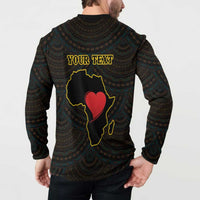 Dark hooded button sweatshirt with teal pattern and red heart on map back print