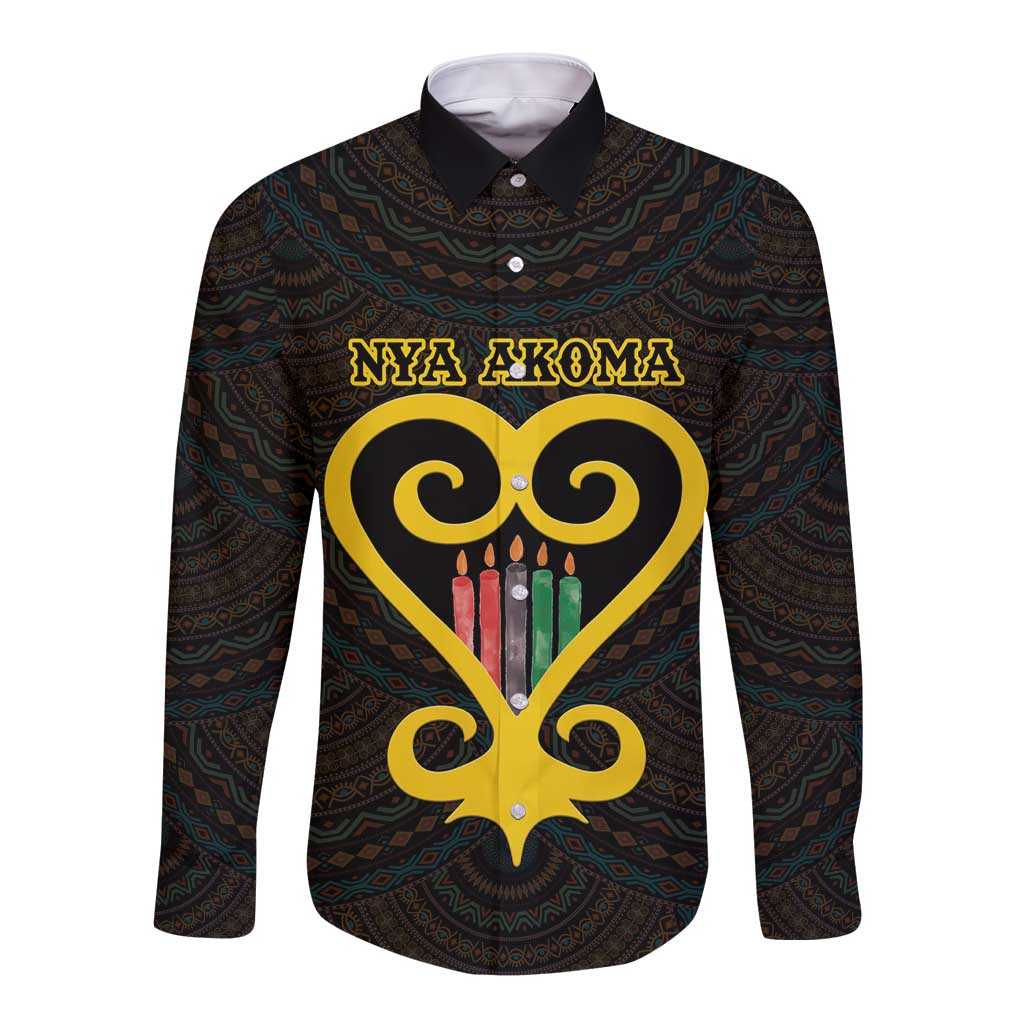 Black long-sleeve button shirt with Adinkra pattern and large heart graphic, front text