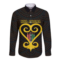 Black long-sleeve button shirt with Adinkra pattern and large heart graphic, front text