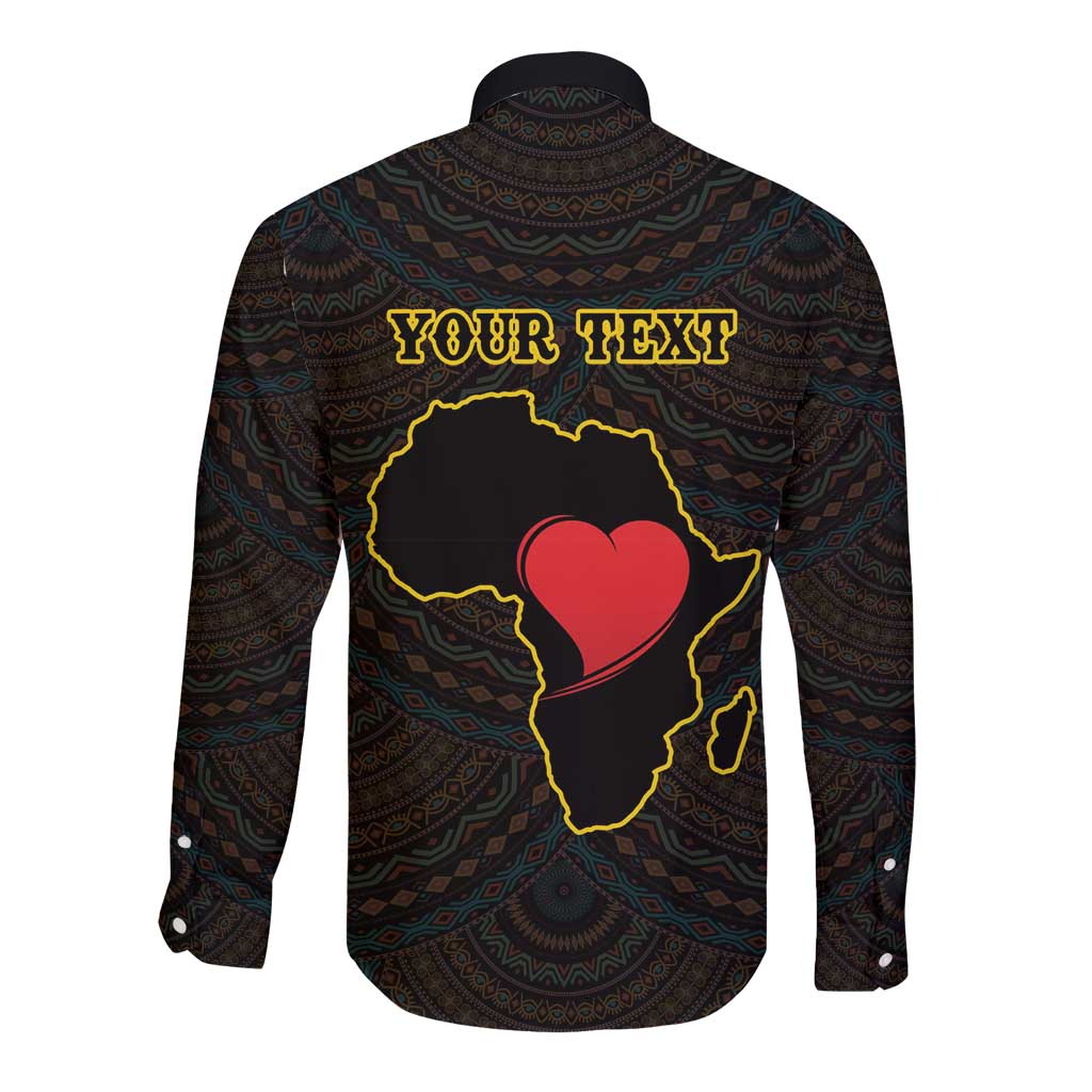 Black long-sleeve button shirt, Adinkra pattern with Africa silhouette and red heart graphic