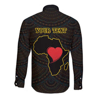 Black long-sleeve button shirt, Adinkra pattern with Africa silhouette and red heart graphic