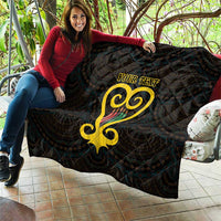 Black quilt laid out with yellow Adinkra heart graphic and 'YOUR TEXT' near the top.