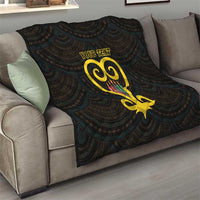 Black quilt draped over a sofa with large yellow Adinkra heart and 'YOUR TEXT'.