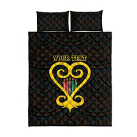 Duvet quilt bed set with pillows in dark black/teal pattern, yellow heart with 'YOUR TEXT'.