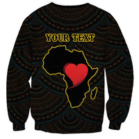 Unisex dark sweatshirt with tribal pattern, 'YOUR TEXT' and red heart map emblem