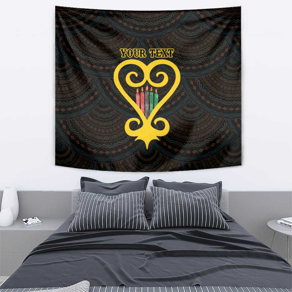 Black tapestry wall hanging with golden heart symbol, multicolor Adinkra accents, custom text