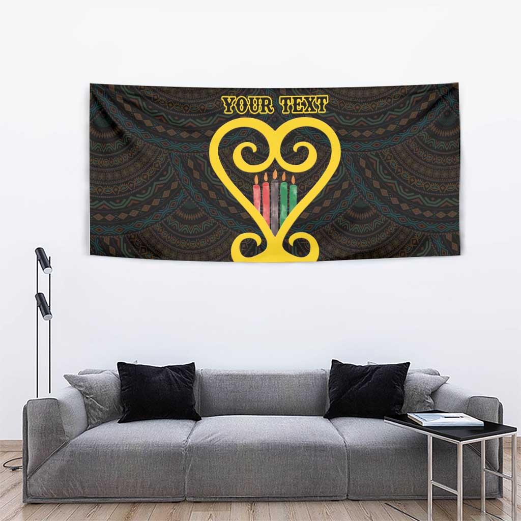 Black tapestry wall hanging with golden heart symbol, colorful Adinkra accents, custom text