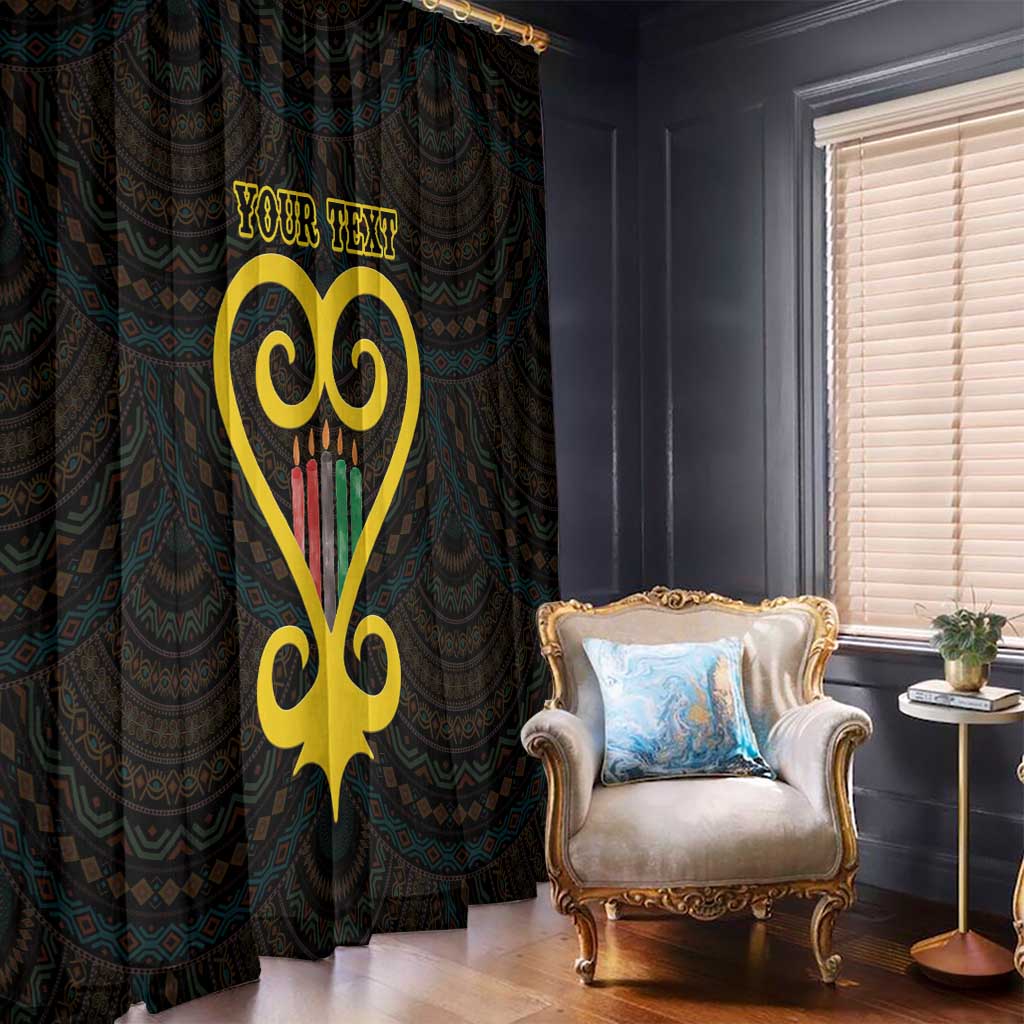 Black patterned window curtains with yellow heart and candles, custom text at top