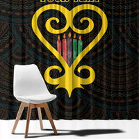 Black patterned curtain fabric with large yellow heart, candles, and custom text