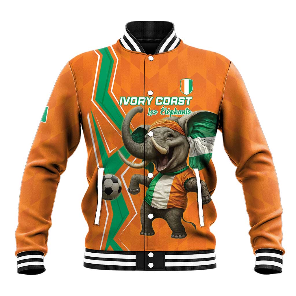Orange varsity baseball jacket with elephant, footballs, green stripes, snap front