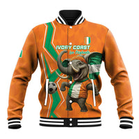 Orange varsity baseball jacket with elephant, footballs, green stripes, snap front