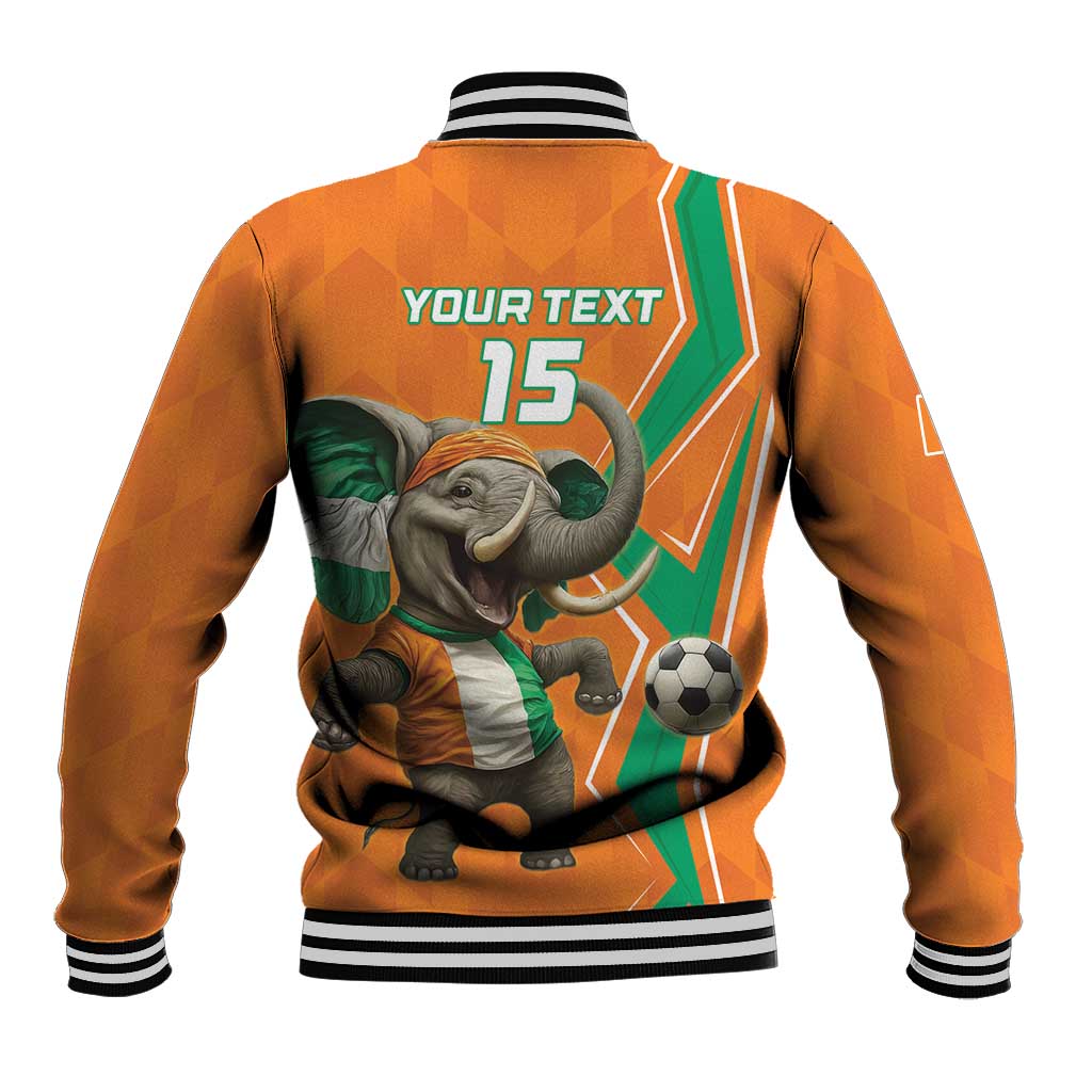Orange baseball jacket back with elephant, footballs, green panels, number 15
