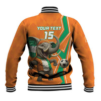 Orange baseball jacket back with elephant, footballs, green panels, number 15