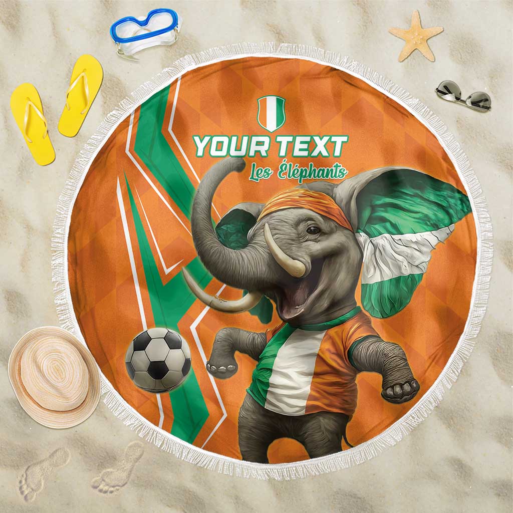 Round orange football beach blanket with fringe, elephant artwork and soccer ball