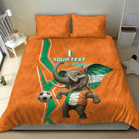 Orange football bedding set with elephant mascot in soccer kit, green-white accents, pillows
