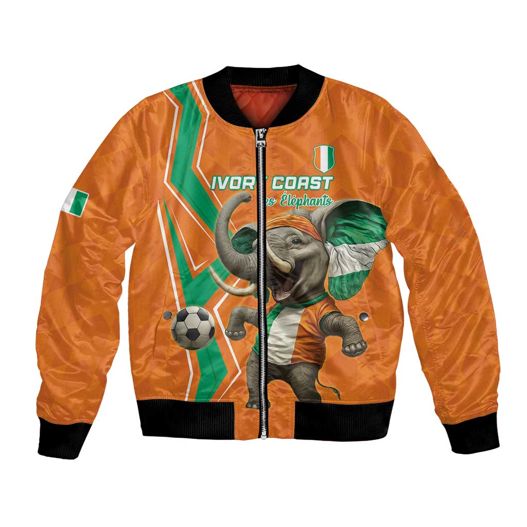 Orange football bomber jacket with front zip, elephant crest and soccer ball graphic