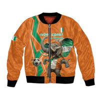 Orange football bomber jacket with front zip, elephant crest and soccer ball graphic