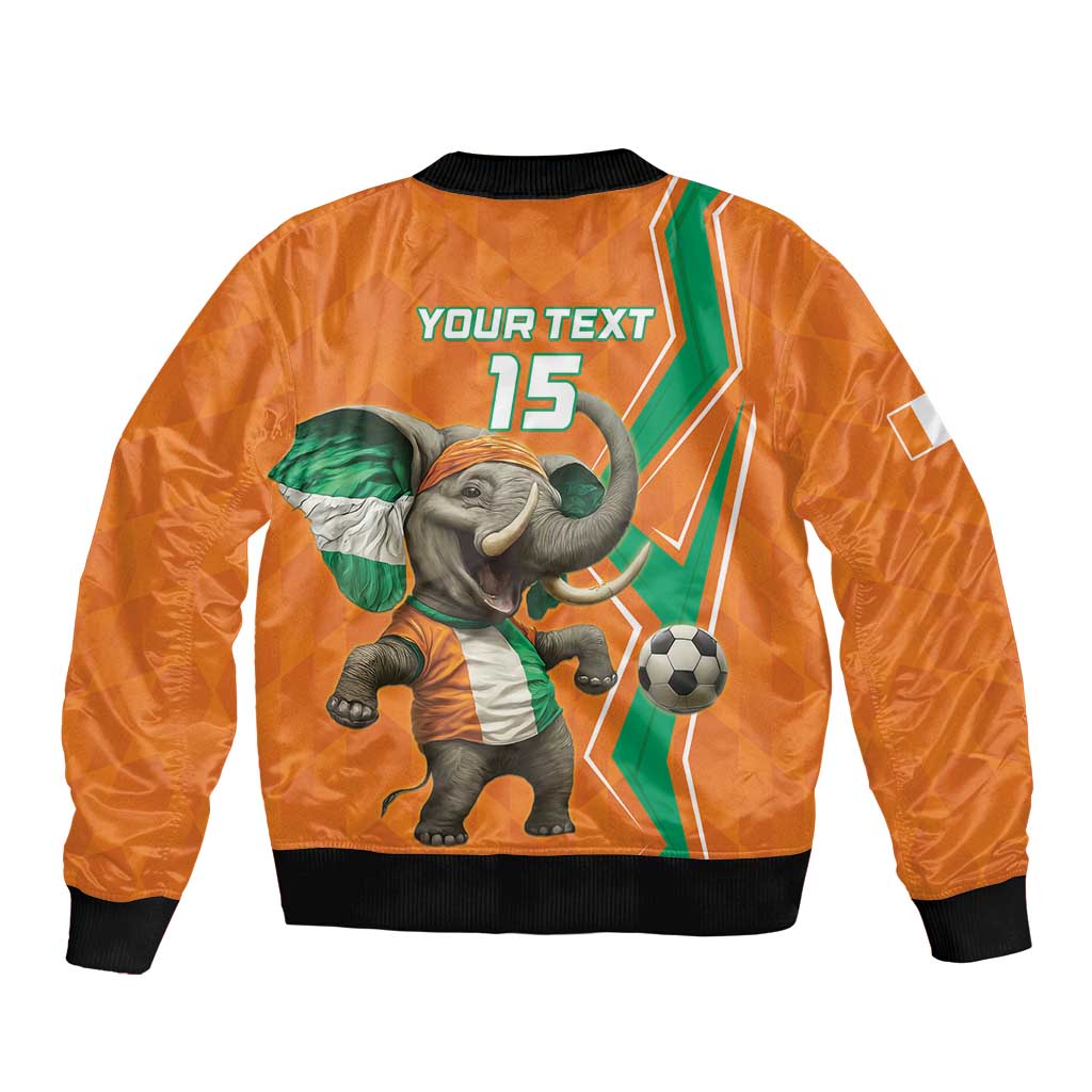 Orange football bomber jacket back with elephant, soccer ball, number 15 and Your Text