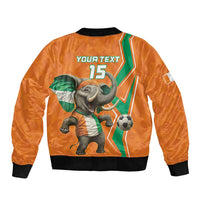 Orange football bomber jacket back with elephant, soccer ball, number 15 and Your Text
