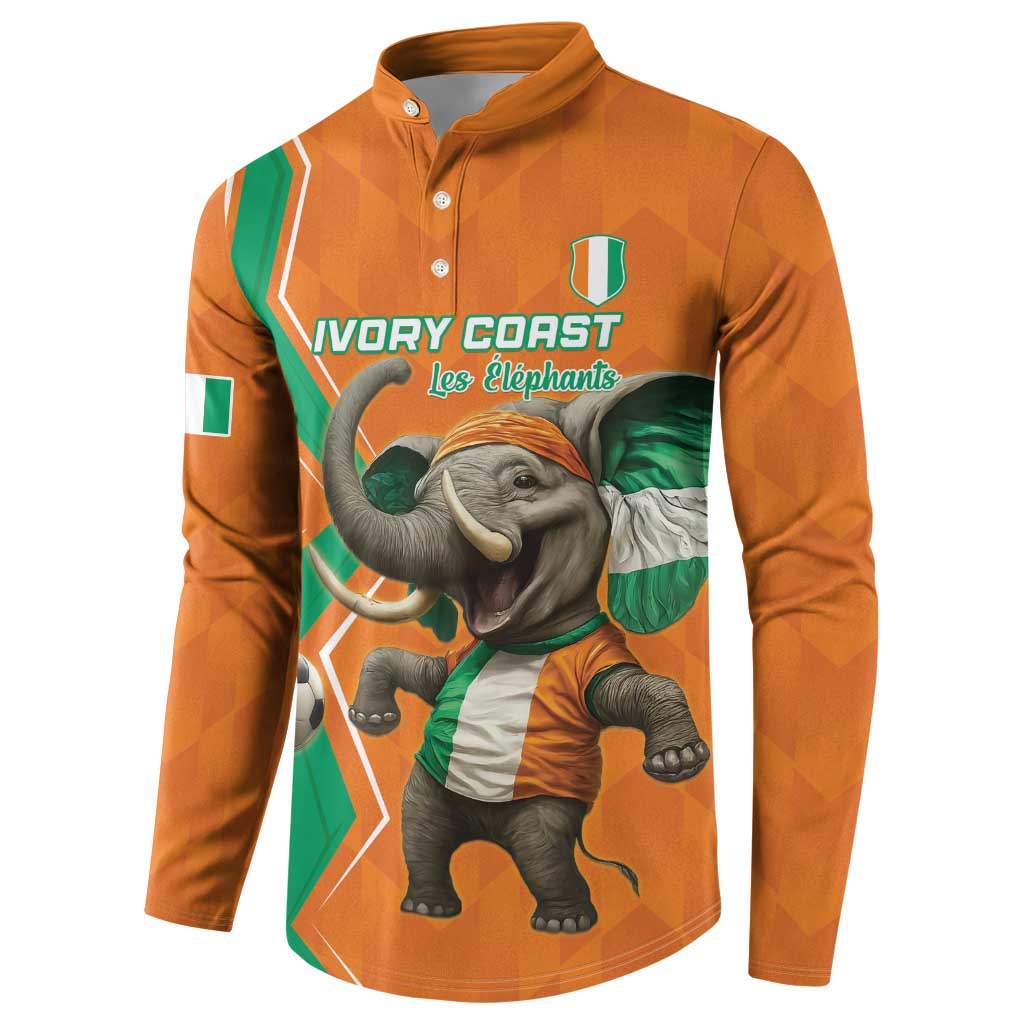 Orange sweatshirt with elephant mascot wearing cap, soccer theme graphic, button placket