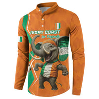Orange sweatshirt with elephant mascot wearing cap, soccer theme graphic, button placket