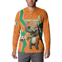 Orange football button sweatshirt with elephant mascot, Ivory Coast Les Elephants logo