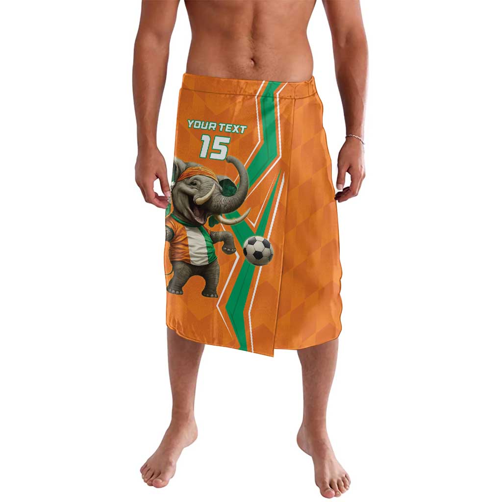 Orange football wrap skirt with green trim, number 15 graphic, elephant holding a ball