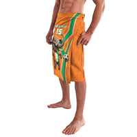 Orange football wrap skirt with green trim and elephant ball graphic, shown from side