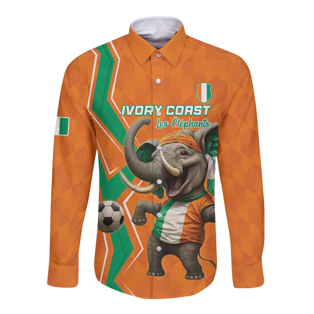 Orange long-sleeve button football shirt with elephant graphic and crest-style text