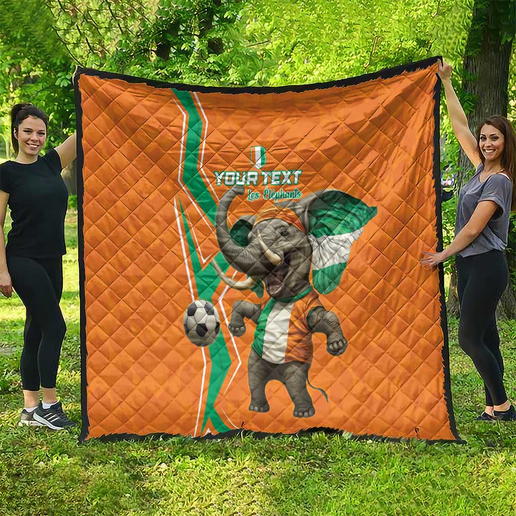 Orange custom football quilt with elephant rider design on soccer-themed panel