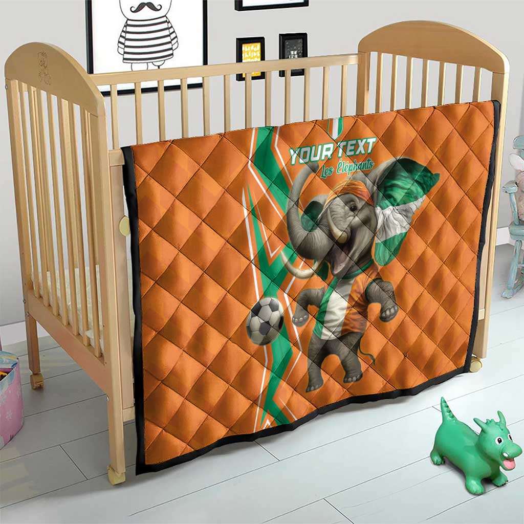 Orange baby crib quilt with elephant soccer graphic, green-white stripe, and soccer ball
