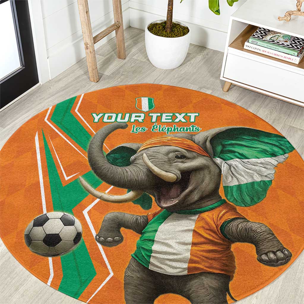 Orange round carpet with elephant in green-and-orange jersey and soccer ball graphic