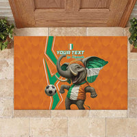 Orange rubber doormat with elephant playing football and custom text graphic