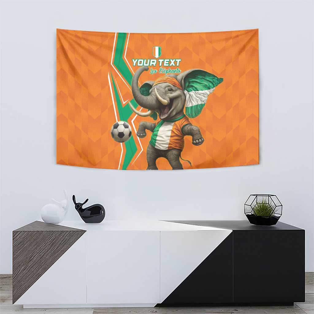 Orange football tapestry with baby elephant mascot in green-and-white soccer kit and ball.