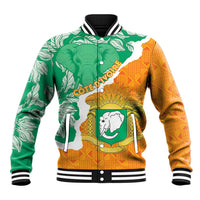 Baseball jacket with green and orange elephant coat of arms graphic, striped ribbed trim