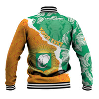 Baseball jacket back in green and orange with elephant crest and lettering, striped ribbed trim