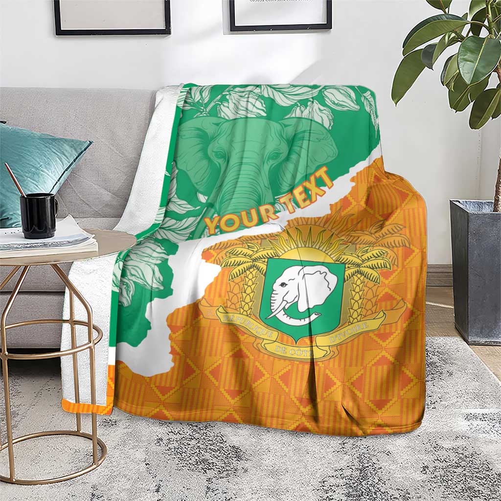 Custom throw blanket with Ivory Coast map pattern, green/orange elephant emblem