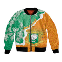 Ivory Coast bomber jacket with green and orange flag print, elephant crest, and black trim