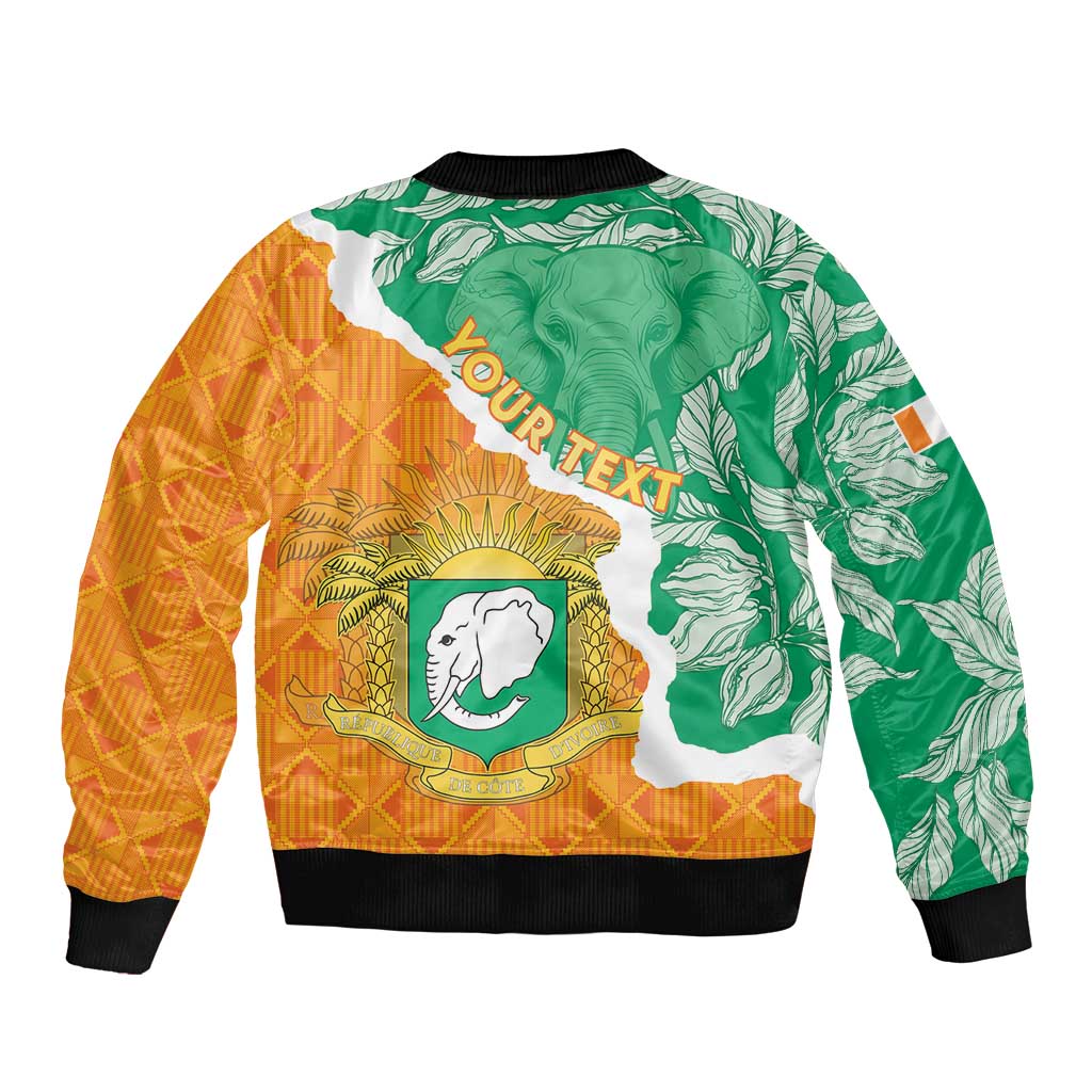 Bomber jacket with orange and green graphic print, elephant crest, and text