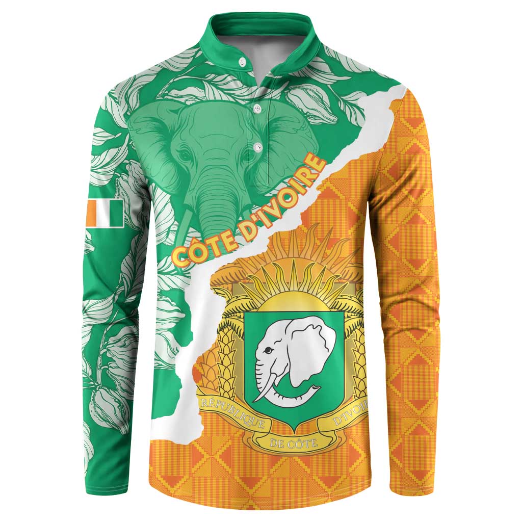 Green and orange button-up sweatshirt with elephant crest front graphic